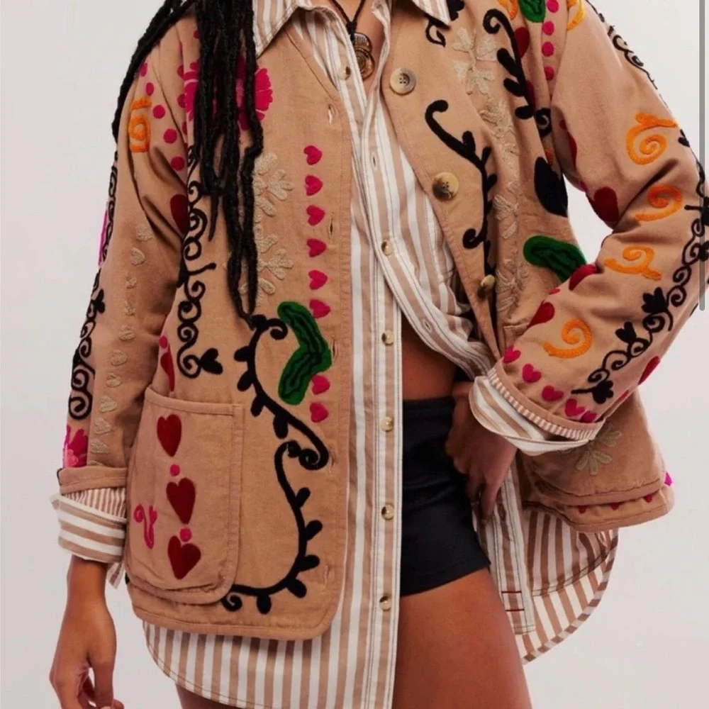 Free People Beige Jacket with Red and Black Embroidery - Picture 8 of 9